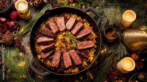 Fototapeta Naklejka Na Ścianę i Meble -  Festive Christmas dinner featuring sliced steak over spiced rice in a cast iron skillet, surrounded by holiday decorations