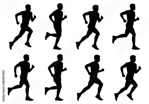 Running silhouette pattern set showing dynamic athletic joggers in motion, ideal for fitness designs, sports posters, marathon concepts, activity icons and repeated vector running illustration graphic