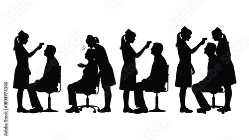 Nurses taking patient temperatures silhouette isolated on white background, Vector