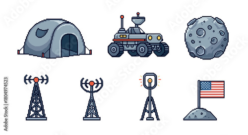 Set of 8-bit retro style space mission assets featuring a lunar rover, planetary habitat, moon, communication towers, and a national flag, all rendered in detailed pixel art