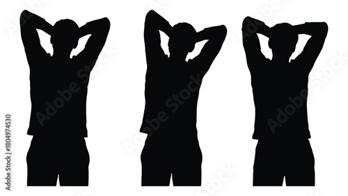 Three silhouettes of a person stretching isolated on white background, Vector