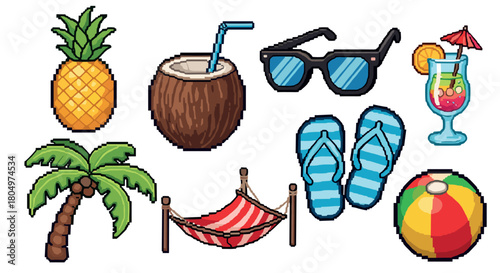 Vibrant collection of pixel art summer vacation icons, including a tropical pineapple, coconut drink, sunglasses, palm tree, and beach ball, in a retro 8-bit video game style