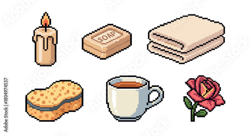 Isometric pixel art set of cozy self-care items featuring a lit candle, bar of soap, folded towel, bath sponge, warm beverage, and a single red rose, isolated on white
