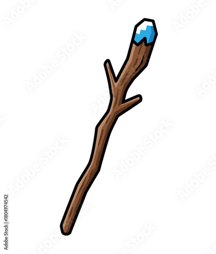 Classic fantasy wooden staff for a wizard or sorcerer, featuring a glowing blue ice crystal, presented in a simple, bold cartoon illustration style