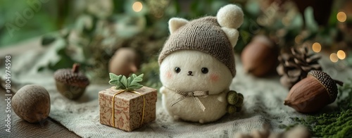 A soft brown cat doll surrounded by gift boxes and acorns in a Christmas and happy new year theme.