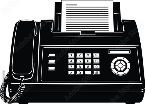 Fax machine vector illustration, office communication equipment, sending document, black and white business technology, vintage telecommunication device.