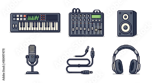 Collection of pixel art icons representing music production equipment, including a synthesizer, audio mixer, studio speaker, microphone, cable, and headphones, isolated on white