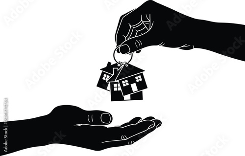 Hand giving house keys, real estate silhouette, property ownership transfer, home buying concept, mortgage deal, vector illustration.