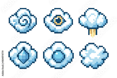 Set of retro 8-bit video game sprites showing various magical cloud designs, including a crystal, an all-seeing eye, and a spiral, on a clean white backdrop