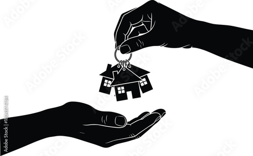 Hand giving house keys, real estate silhouette, property ownership, home buying concept, mortgage deal, vector illustration.