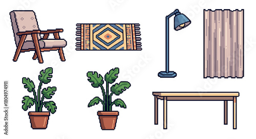 Charming collection of home furniture and decor in a retro pixel art style, featuring an armchair, patterned rug, floor lamp, potted plants, and a table isolated