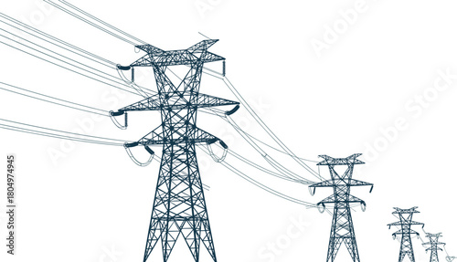High voltage electric transmission tower vector illustration, connected power lines, pylon energy grid infrastructure, industrial cable perspective design.