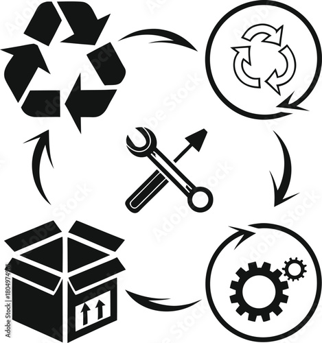 Recycling and manufacturing process icons reuse reduce