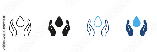 Hands Holding Water Drop Line And Solid Icon Set. Water Conservation, Sustainability, And Environmental Protection Outline And Silhouette Symbol Collection. Isolated Vector Illustration