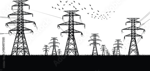 High voltage electricity transmission towers silhouette, vector illustration of power lines with flying birds flock, isolated on white background.