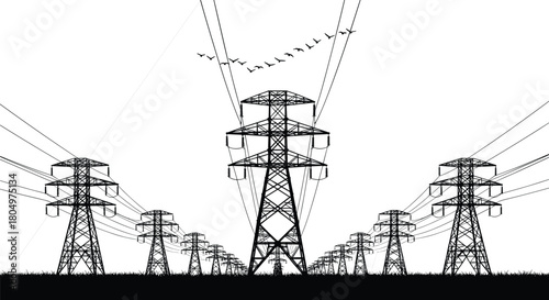 High voltage power lines silhouette, electricity transmission towers, energy grid infrastructure vector illustration, birds flying in sky perspective.