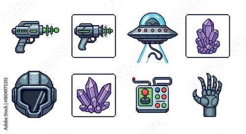 Collection of retro science fiction pixel art icons featuring a laser blaster, UFO, space helmet, robotic hand, and crystals, designed as assets for an 8-bit video game