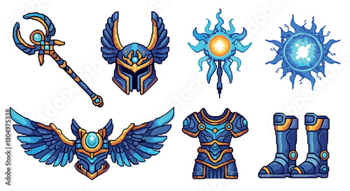 Collection of fantasy RPG items in a retro pixel art style, featuring a blue and gold winged armor set, a magic staff, and powerful celestial amulets isolated