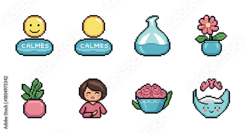Charming set of 8-bit pixel art icons representing mental health, wellness, and self-care concepts for a video game or application, isolated