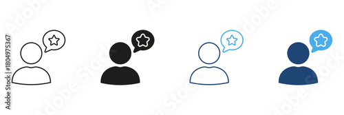 Person With Star Speech Bubble Line And Solid Icon Set. Customer Feedback, Review, And Rating Communication Outline And Silhouette Symbol Collection. Isolated Vector Illustration