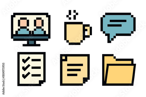 Set of retro 8-bit style pixelated icons for office work, including a computer video conference, coffee cup, chat bubble, checklist, document, and folder, on a clean white backdrop