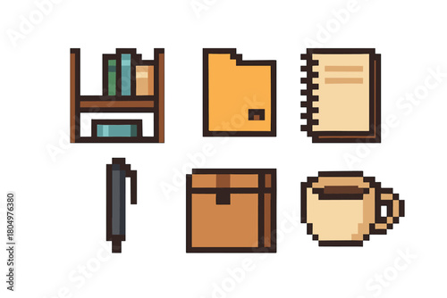 Collection of pixel art icons representing office and study supplies, featuring a bookshelf, folder, notebook, pen, box, and coffee mug, designed in a retro 8-bit video game style