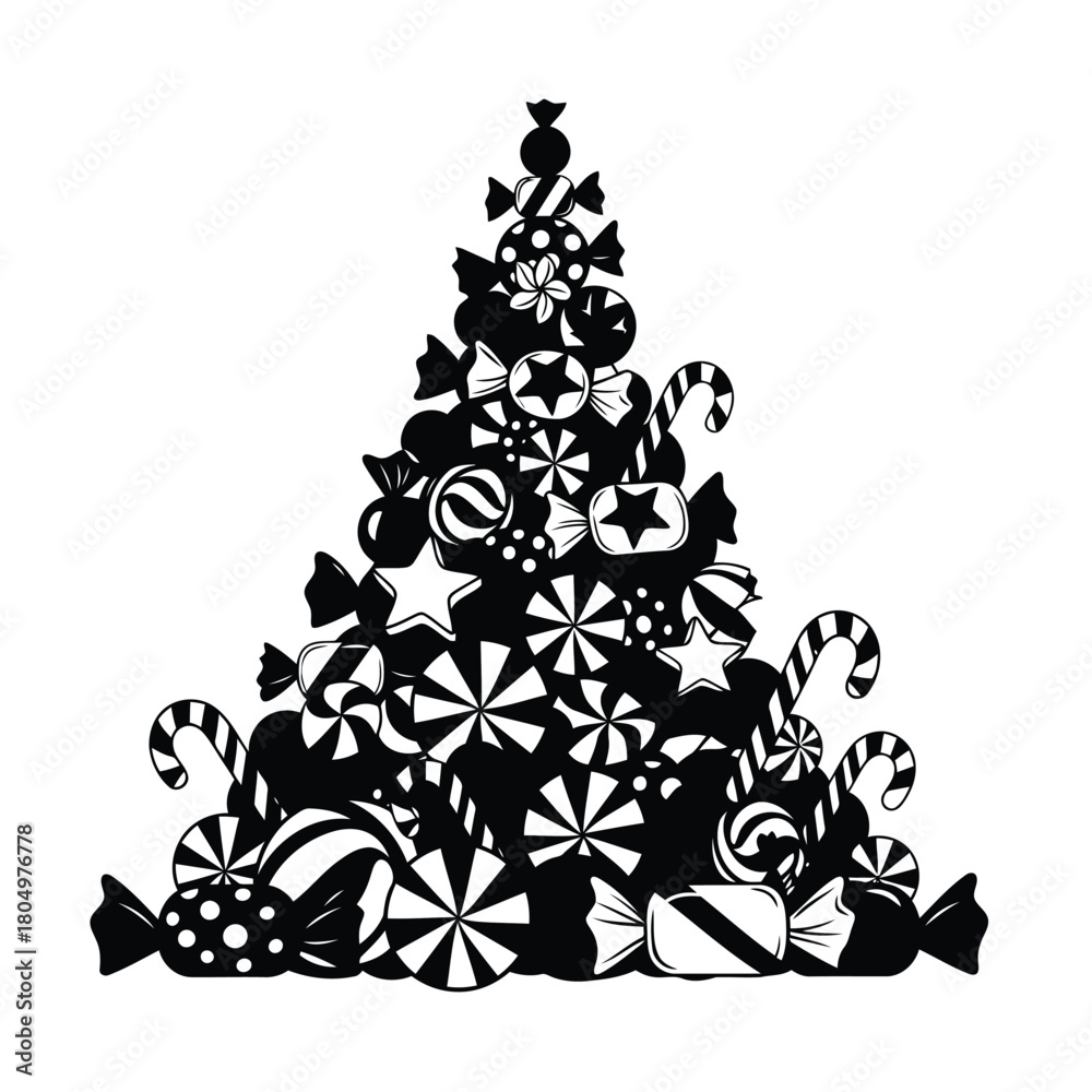 Naklejka premium Black and white Christmas tree shape made of assorted candies