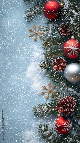 Holiday background showcasing frosted evergreens with gold and white baubles image