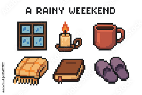 Retro 8-bit pixel art icon set for a cozy rainy weekend, featuring a window, candle, mug, blanket, book, and slippers representing comfort and relaxation at home