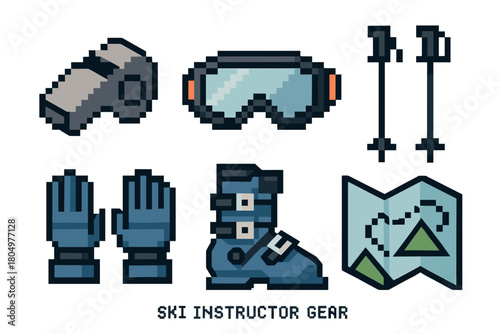 Collection of pixel art icons representing essential ski gear, including goggles, boots, poles, gloves, a whistle, and a trail map, isolated