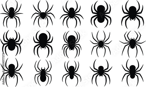 Black spider silhouettes collection, creepy Halloween spider icons, scary insect shapes for spooky decoration, horror design and web graphics