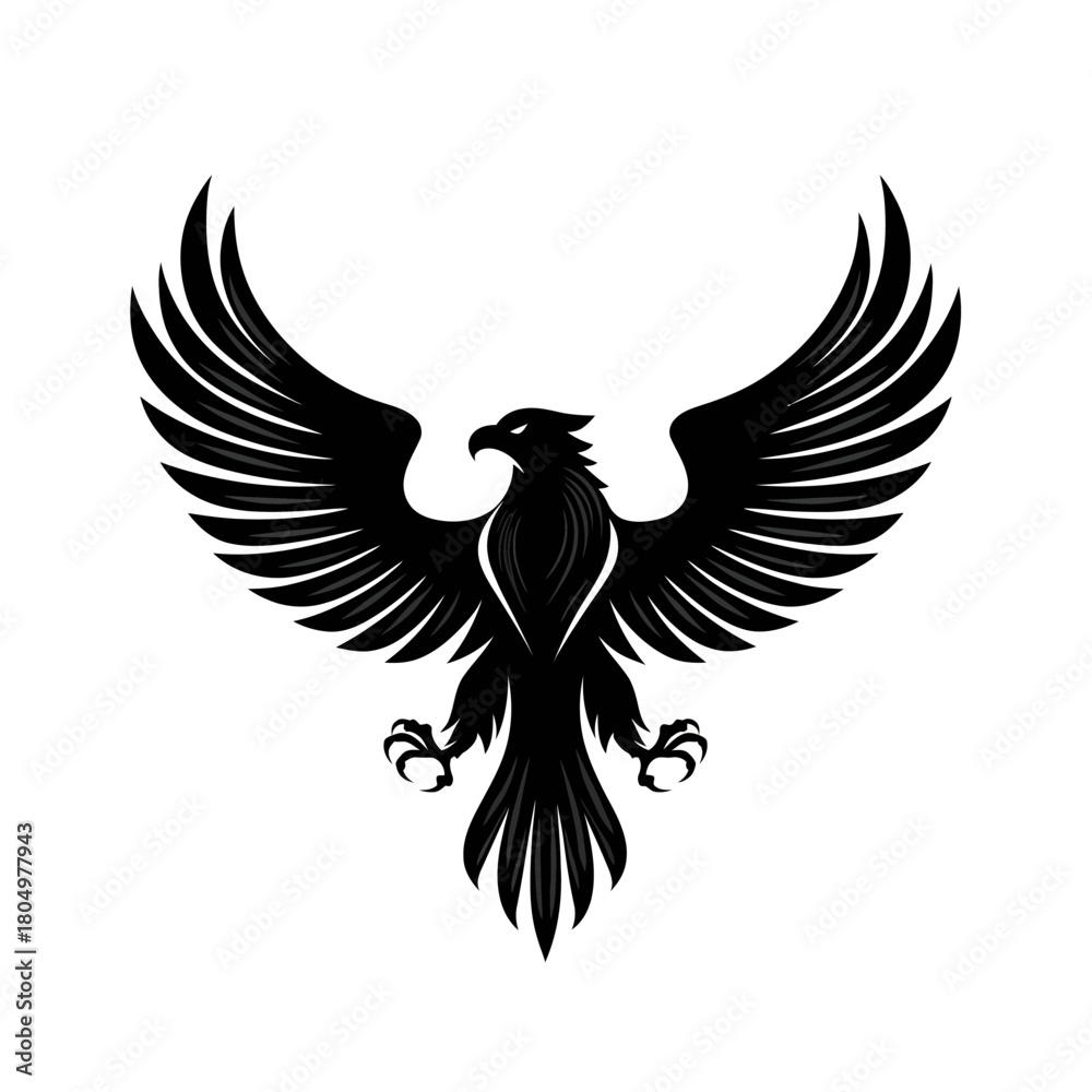 Obraz premium Black eagle with spread wings against white background