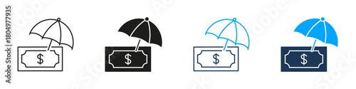 Umbrella Over Dollar Bill Line And Solid Icon Set. Financial Protection, Insurance, And Savings Security Symbol Collection. Money Safety And Risk Management. Isolated Vector Illustration