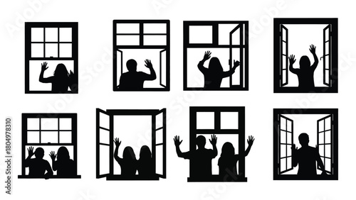 Silhouettes of people waving from windows isolated on white background, Vector