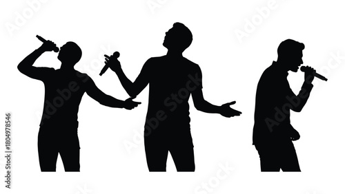 Male singers silhouettes with microphones isolated on white background, Vector