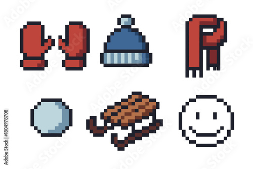 Pixel art set of winter clothing and activity items, featuring a hat, scarf, mittens, snowball, and sled in a classic retro video game aesthetic isolated on white