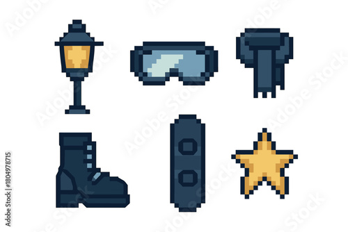Collection of winter-themed pixel art icons including a lamppost, goggles, scarf, boot, snowboard, and star, isolated in a retro 8-bit video game style