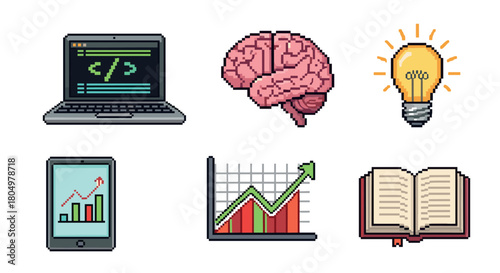 Collection of retro 8-bit pixel art icons including a laptop, brain, lightbulb, and charts, symbolizing concepts of technology, business intelligence, innovation, and education