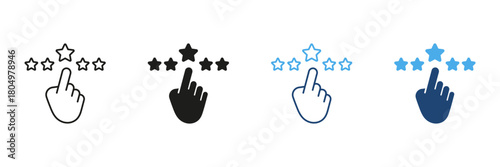 Hand Clicking Star Rating Line And Solid Icon Set. User Feedback, Review, And Rating System Outline And Silhouette Symbol Collection. Customer Satisfaction Evaluation. Isolated Vector Illustration