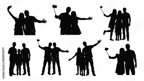 People taking selfies and group photos silhouettes isolated on white background, Vector