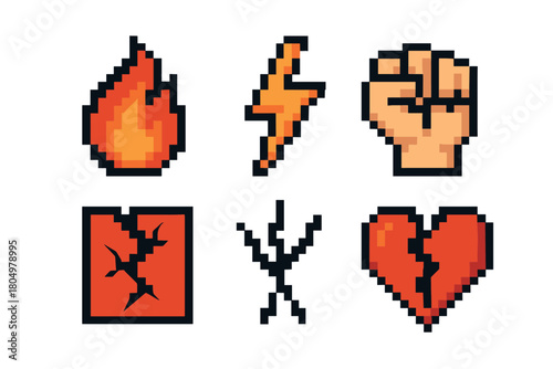 Collection of retro 8-bit video game icons in a pixel art style, featuring symbols for fire, lightning, strength, damage, and heartbreak isolated