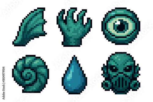 Collection of six fantasy and horror themed items in a retro pixel art style, including a monster wing, clawed hand, eyeball, spiral shell, liquid drop, and a skull mask