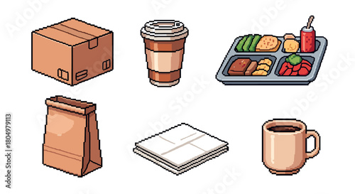 Collection of isometric pixel art icons representing everyday objects like a delivery box, coffee cup, lunch tray, and newspaper, designed in a retro 8-bit video game style