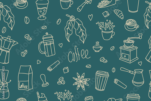 Coffee-themed vector illustration featuring various doodle icons related to coffee culture, including cups, beans, and tools.