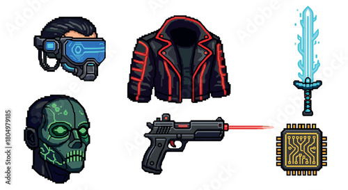 Set of cyberpunk pixel art icons featuring a VR headset, futuristic jacket, glowing energy sword, cyborg skull, laser pistol, and computer chip isolated