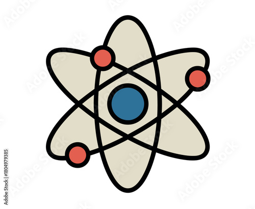 A simplified illustration depicts an atom with a blue nucleus and red orbiting electrons against a beige background, representing the fundamental building blocks of matter and scientific concepts.