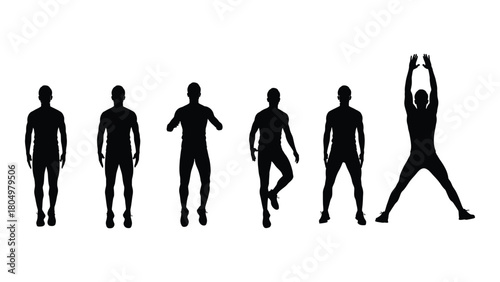 Man in various exercise silhouettes isolated on white background, Vector