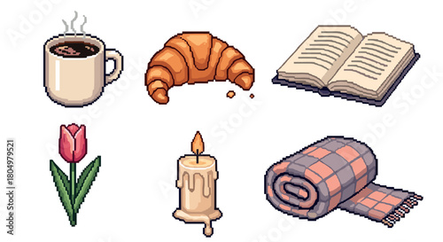 Charming pixel art collection of cozy hygge items including a steaming coffee, croissant, book, flower, candle, and warm blanket, isolated