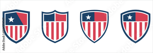 Patriotic shields icons with vibrant red stripes and a star for American themed designs or vintage logo inspiration, perfect for branding projects