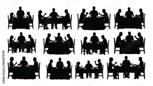 Dining people silhouettes collection isolated on white background, Vector